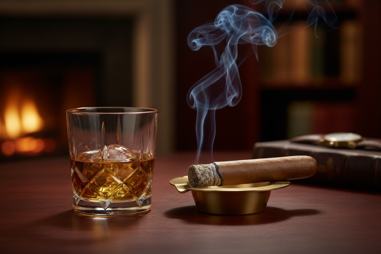 A lit cigar rests in a gold ashtray next to a glass of whiskey with a spherical ice cube on a wooden table, with a fireplace burning in the background.