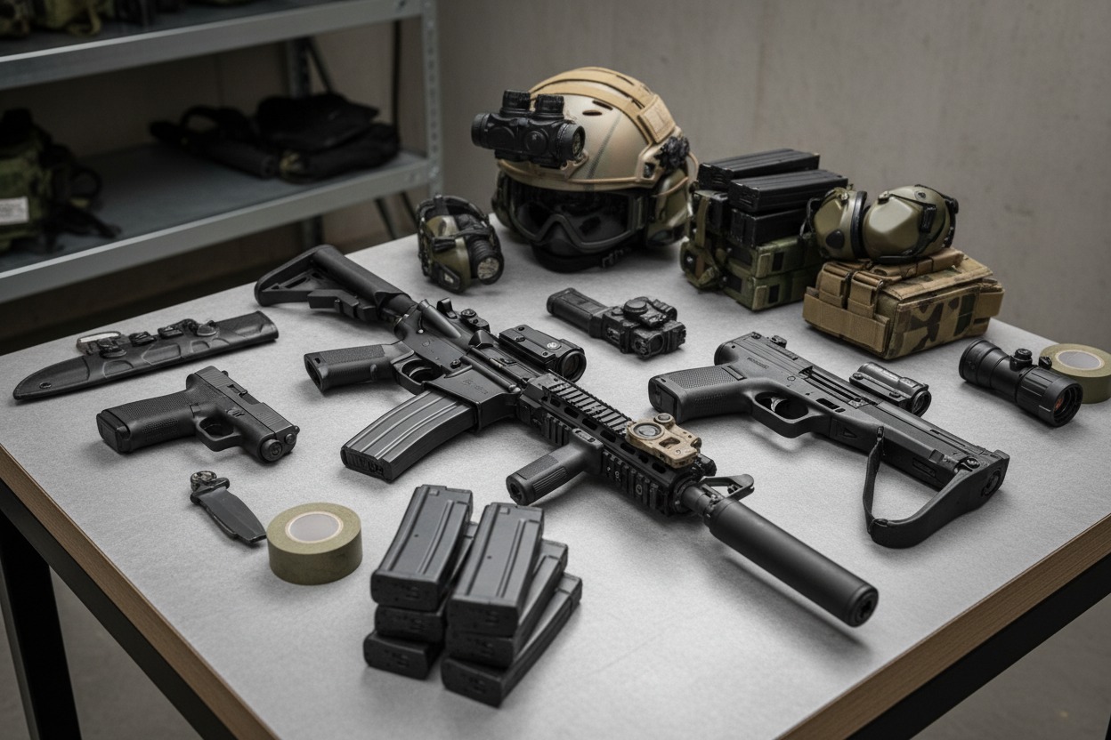 Tactical gear including rifles, pistols, magazines, a helmet, and protective equipment is arranged on a table.